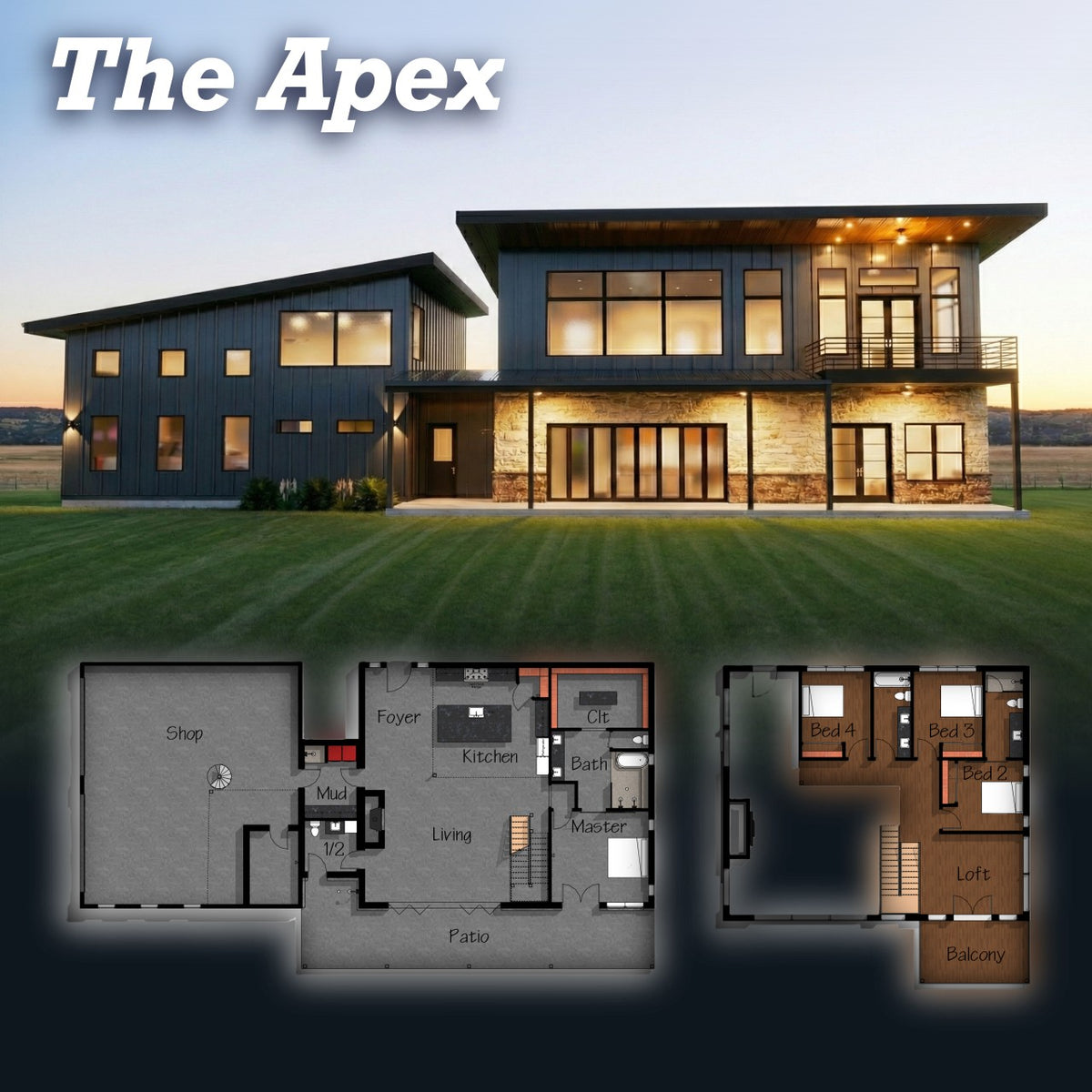 The Apex | Modern Industrial Barndominium Plan with Shop
