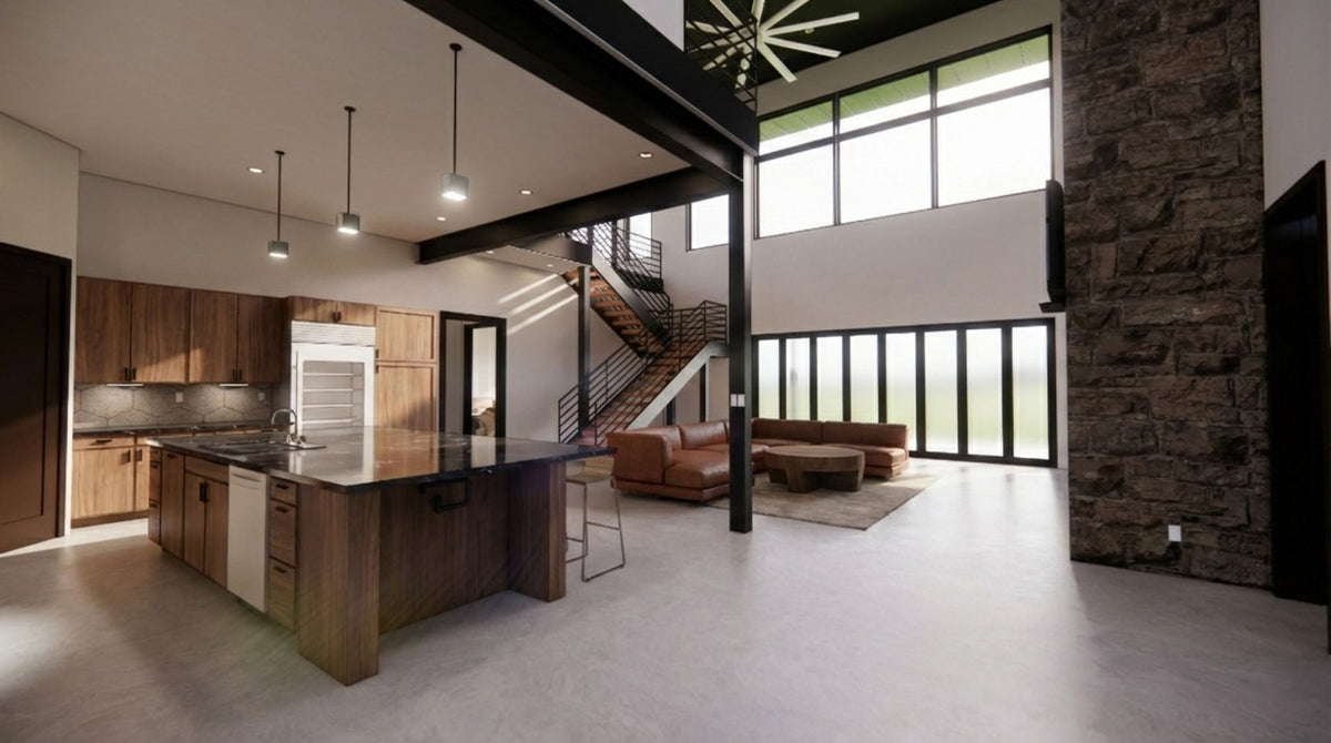 The Apex | Modern Industrial Barndominium Plan with Shop